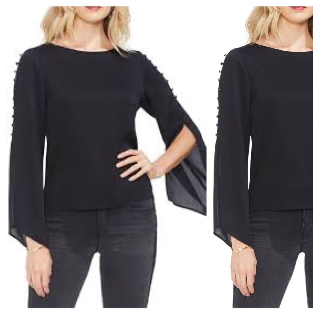 Vince Camuto Button Bell Sleeve Hammer Satin Top Size Small Petite